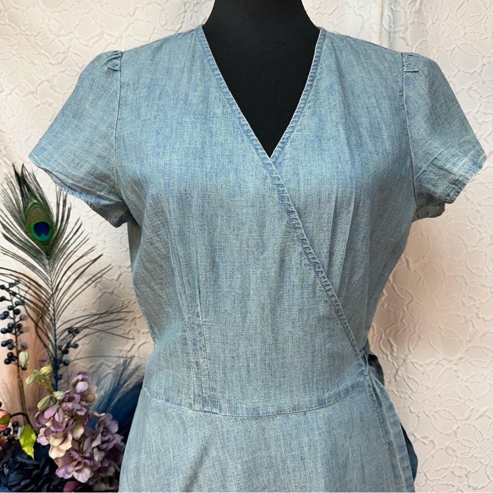 POLO Ralph Lauren🩵 Chambray Blue Wrap Midi Ruffle Tie Dress (10) - Picture 2 of 16